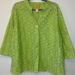 Lime Green, Lace-pattern, button-down, 3/4 sleeve top, Ruby Rd., 24W